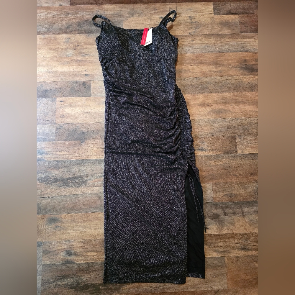 Popilush Women's Black Sparkly Square Neck Ruched Cocktail Midi Dress Size XL - Picture 7 of 13